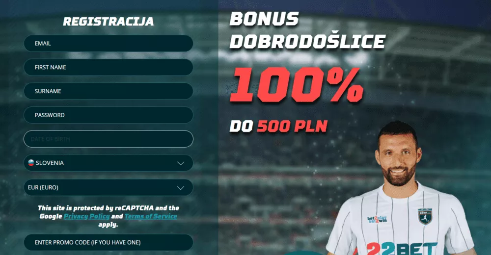 22bet obrazec za registracijo