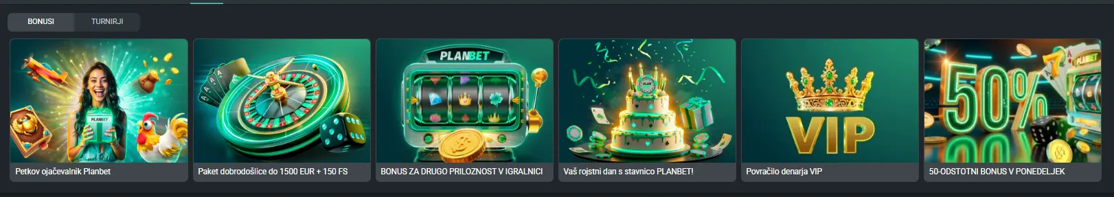 Posnetek zaslona strani z bonusi na Planbetu